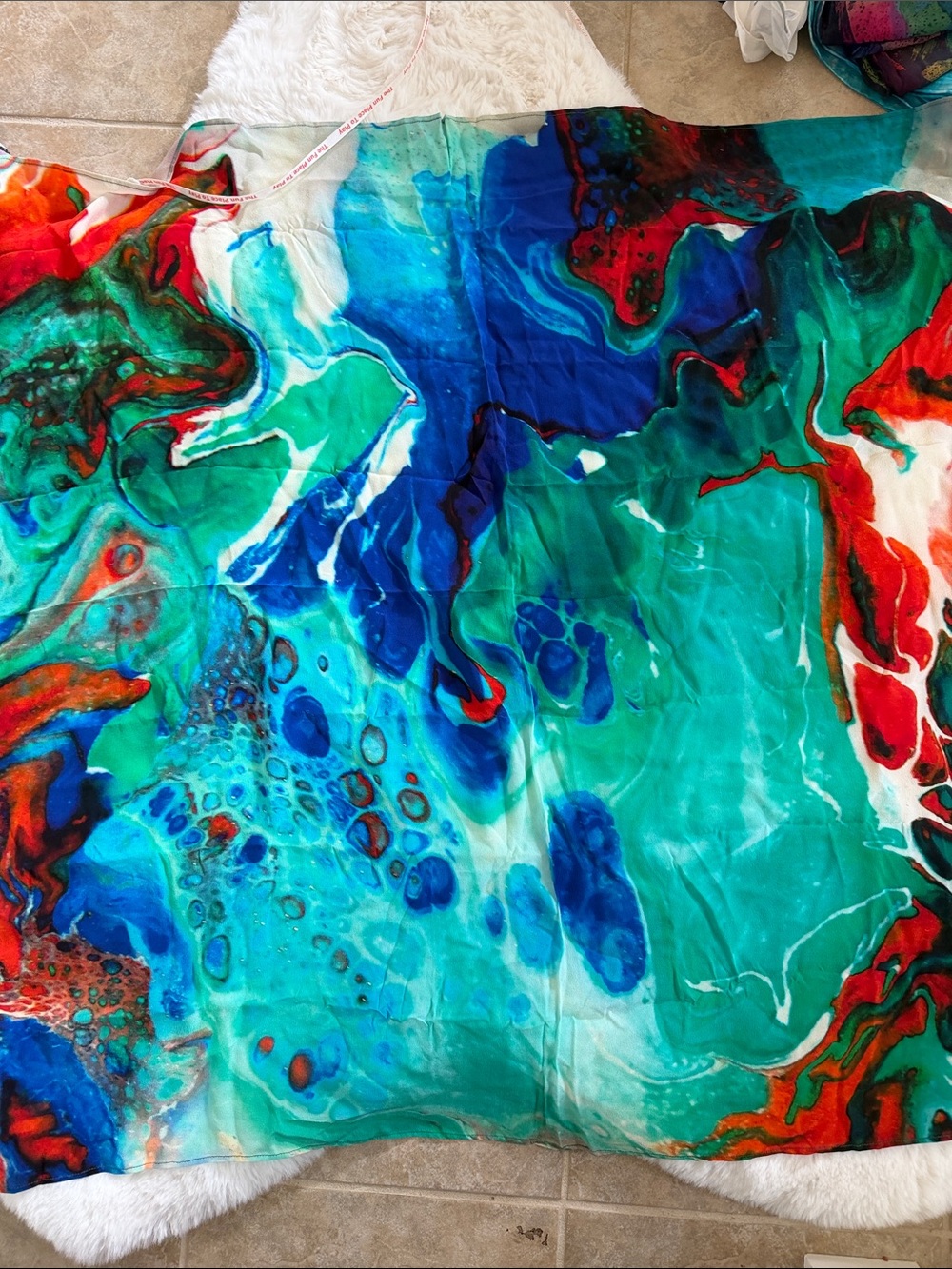 Abstract Ocean Wave Silk Scarf in Blue, Teal & Red 36”x 39”